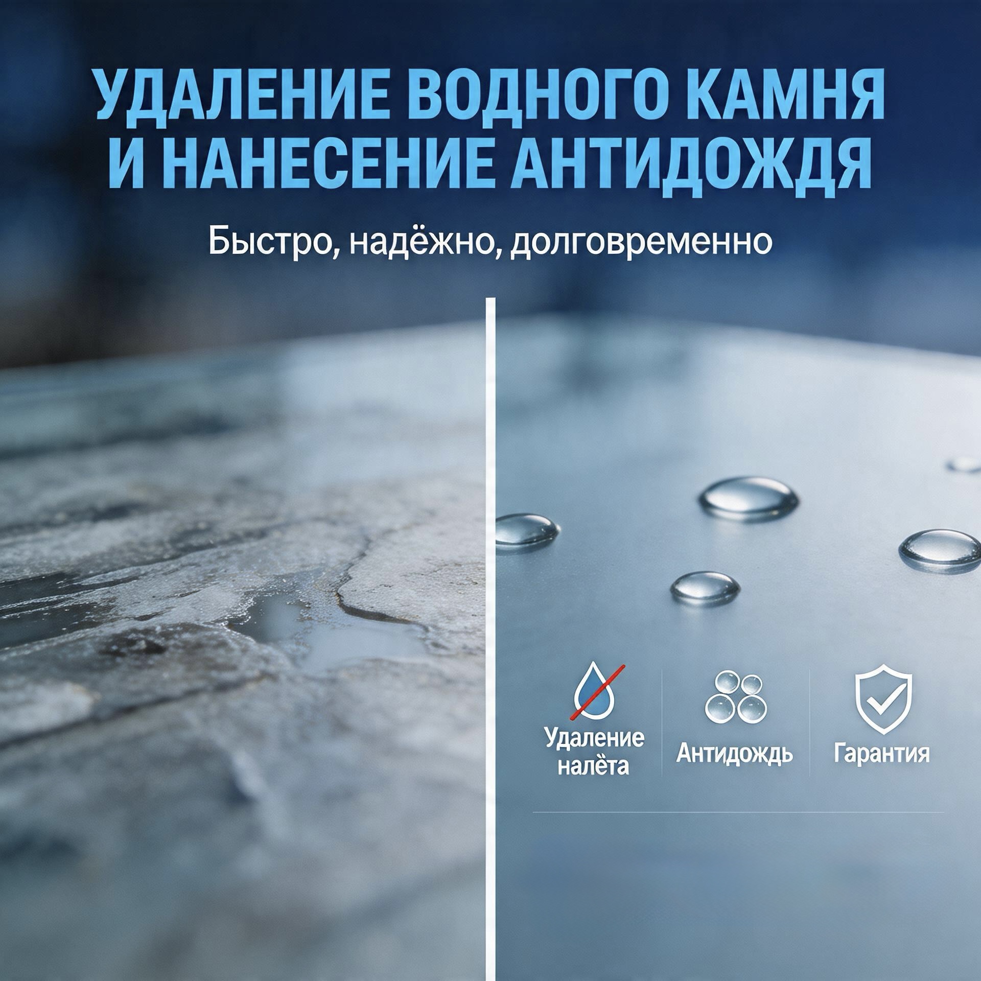 Удаление водного камня и нанесение антидождя